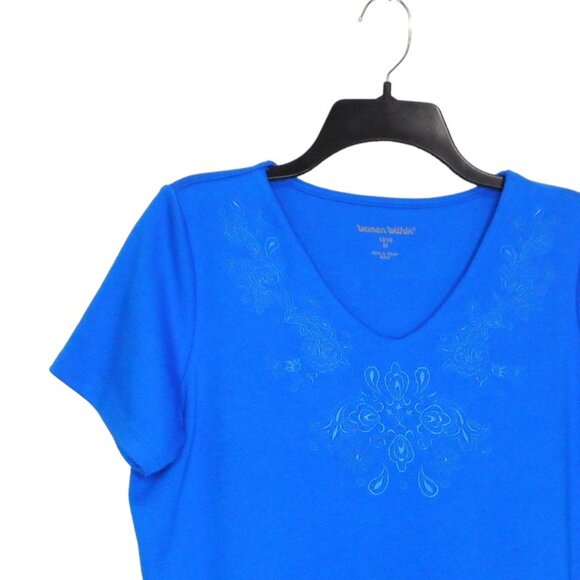 Woman Within Top Plus M 14 16 Blue Cotton Blend Short Sleeve Embroidered Tee - Picture 4 of 10
